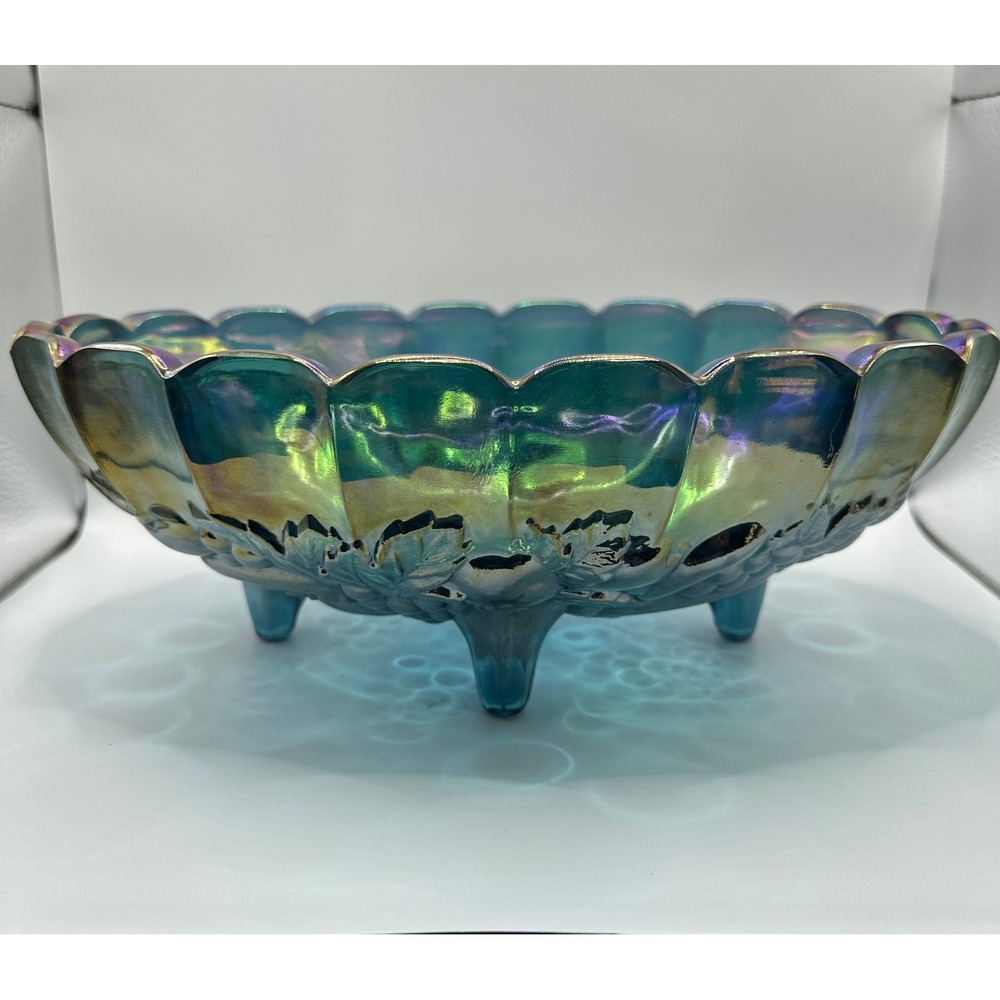 Indiana Glass Harvest Grape Teal Blue Carnival Glass Footed Oval Fruit Bowl 12in
